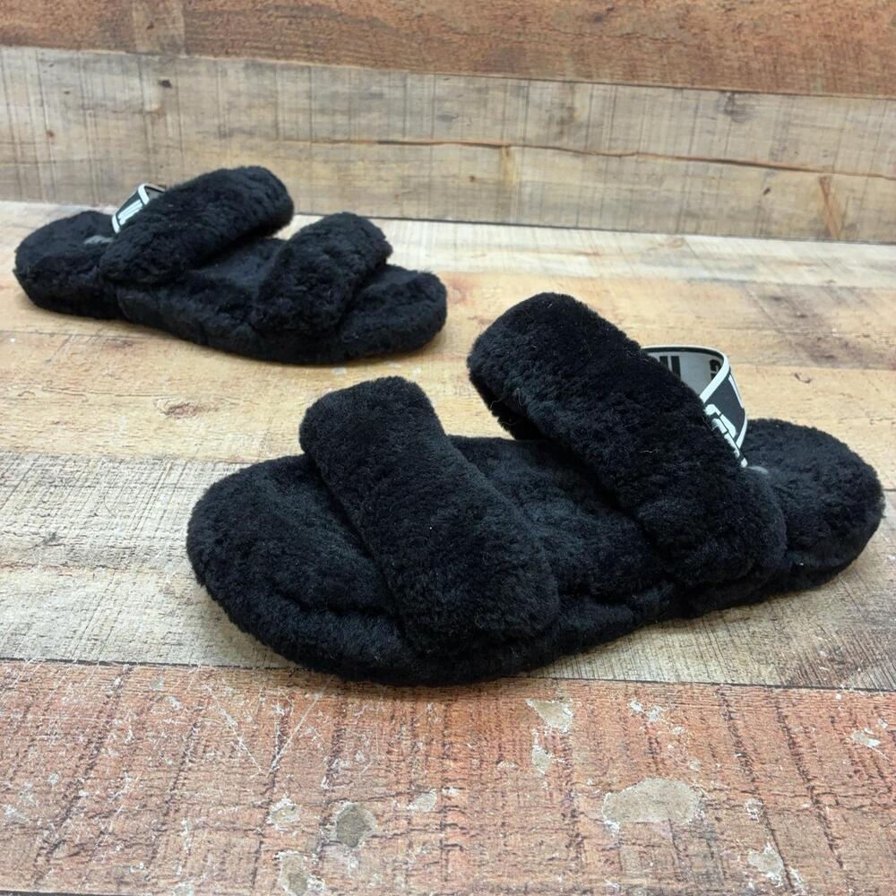 UGG 1115732K Slippers Youth Size 5 37 Black Shearling Fluff Yeah Slide Shoes